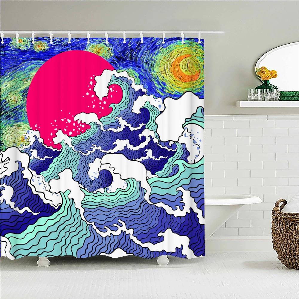 Classic Creativity Waves Spray Bath Curtain Waterproof Fabric Japanese style Shower Curtains Bathroom Bathtub Screen With Hooks