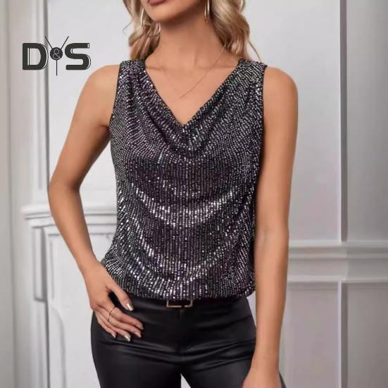 Women Tank Tops Sequin V-Neck Sleeveless T-shirt Shiny Glitter Blouses Sexy Cami Tops for Cocktail Party Clubwear Evening