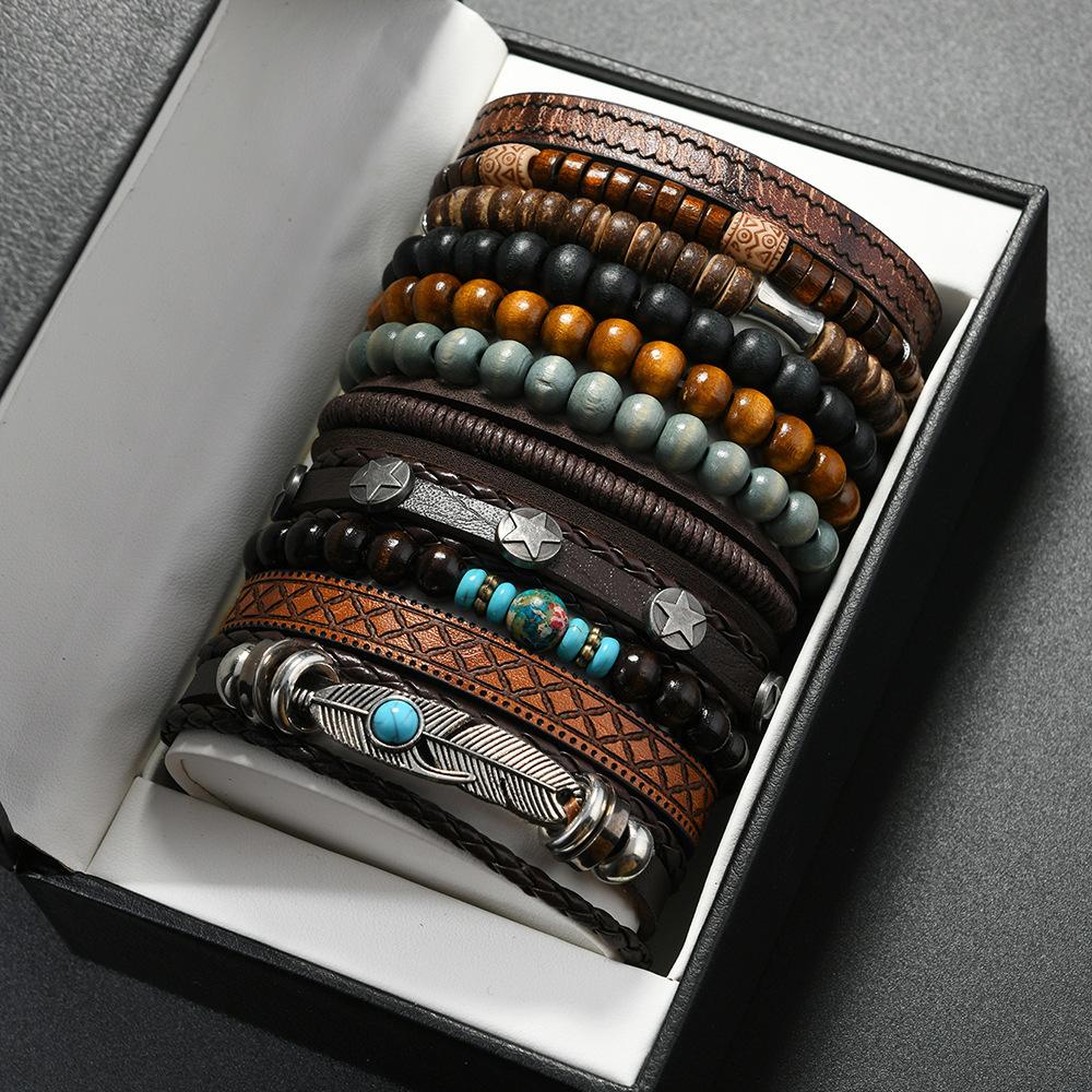 TEMU Xiyin's new 12-piece set of beaded bracelets cross-border coconut shell wooden bead elastic men's bracelets do not contain boxes.