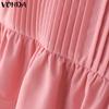 VONDA Elegant Women O Neck Short Sleeve Layers Pleating Solid Casual Blouse