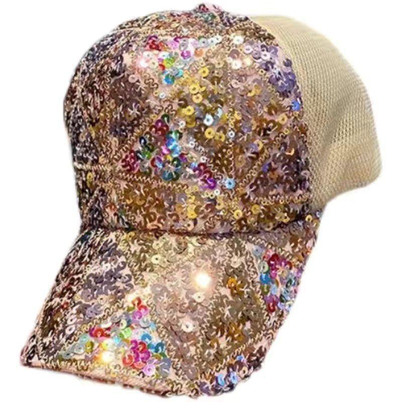 Sparkly Colorful Sequined Baseball Cap Breathable Mesh Back Adjustable Size for Beach Holiday Travel Wear