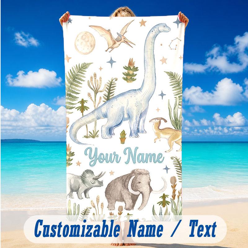 Dinosaur Theme Beach Towel Personalized Custom Name & Text Soft Quick Dry Beach Towel for Swimming Travel