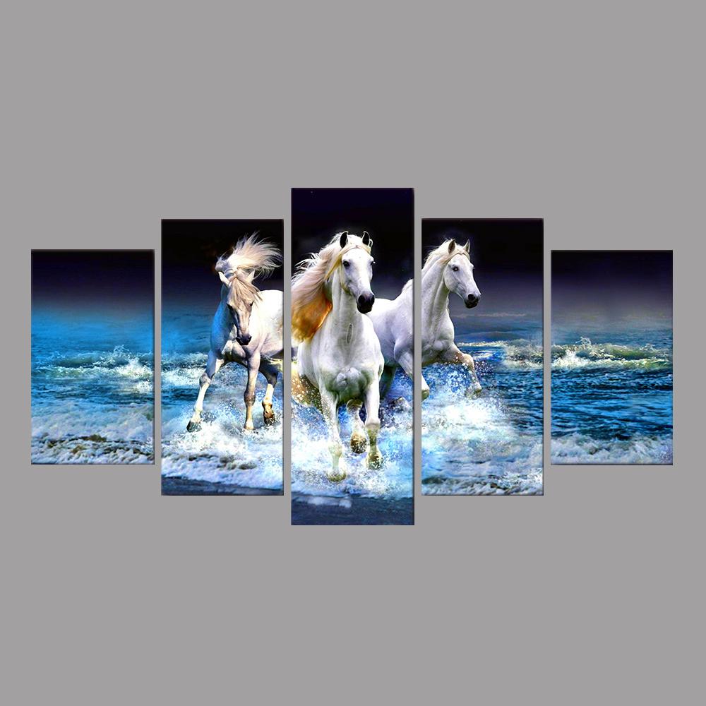 

Wall Art Canvas Painting Modern Poster HD Printed Pictures 5 Pieces Beach Waves White Horses Racing Living Room Home Decor 20X35 20X45 20X55CM