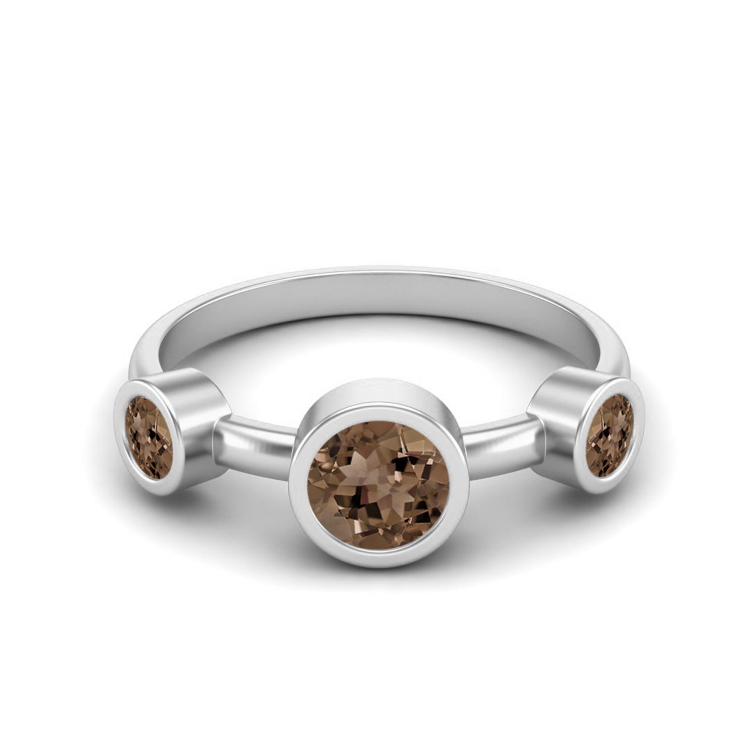 4mm Round Smoky Quartz 925 Sterling Silver Three Stone Women Promise Ring 10