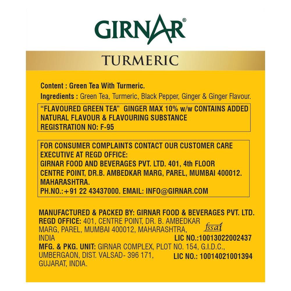 Girnar Green Tea with Turmeric Tea Bags 10 Count | Low Caffeine, Vegetarian, Allergen-Free Herbal Beverage