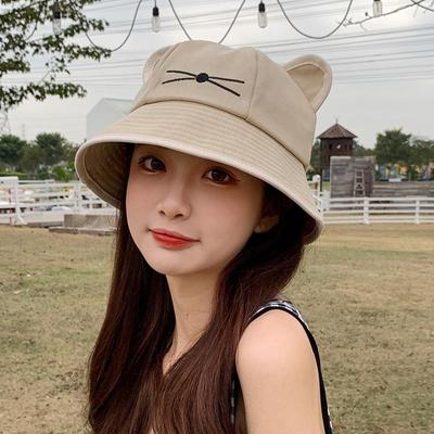 Women Cartoon Cat Ears Bucket Hat Spring Summer Wide Brim Sunshade Basin Hats Y2K Female Lady Kawaii Fordable Beach Travel Caps
