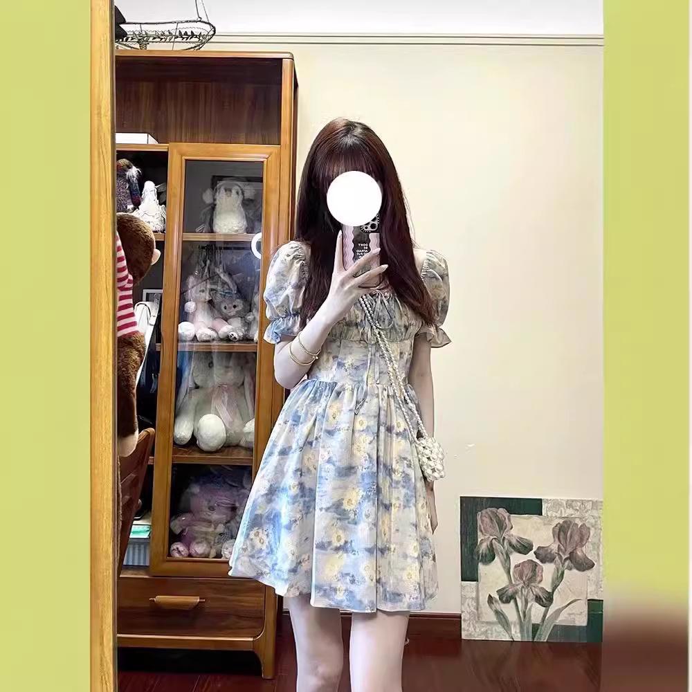 Summer 2024 Floral French Square Neck Puff Sleeve Dress - Women's Short Skirt Trend