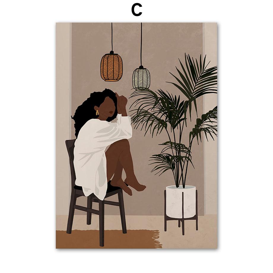 Fashion Black Girl Flowers Bathtub Leaf Abstract Wall Art Canvas Painting Boho Poster And Prints Pictures For Living Room Decor