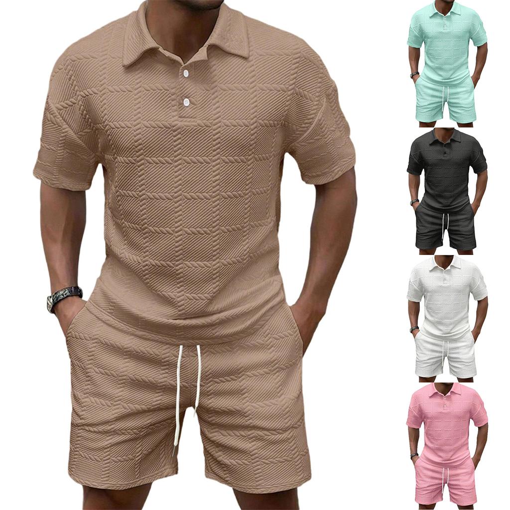 Men'S Solid Color Casual Collar Short Sleeved Shorts Two-Piece Set