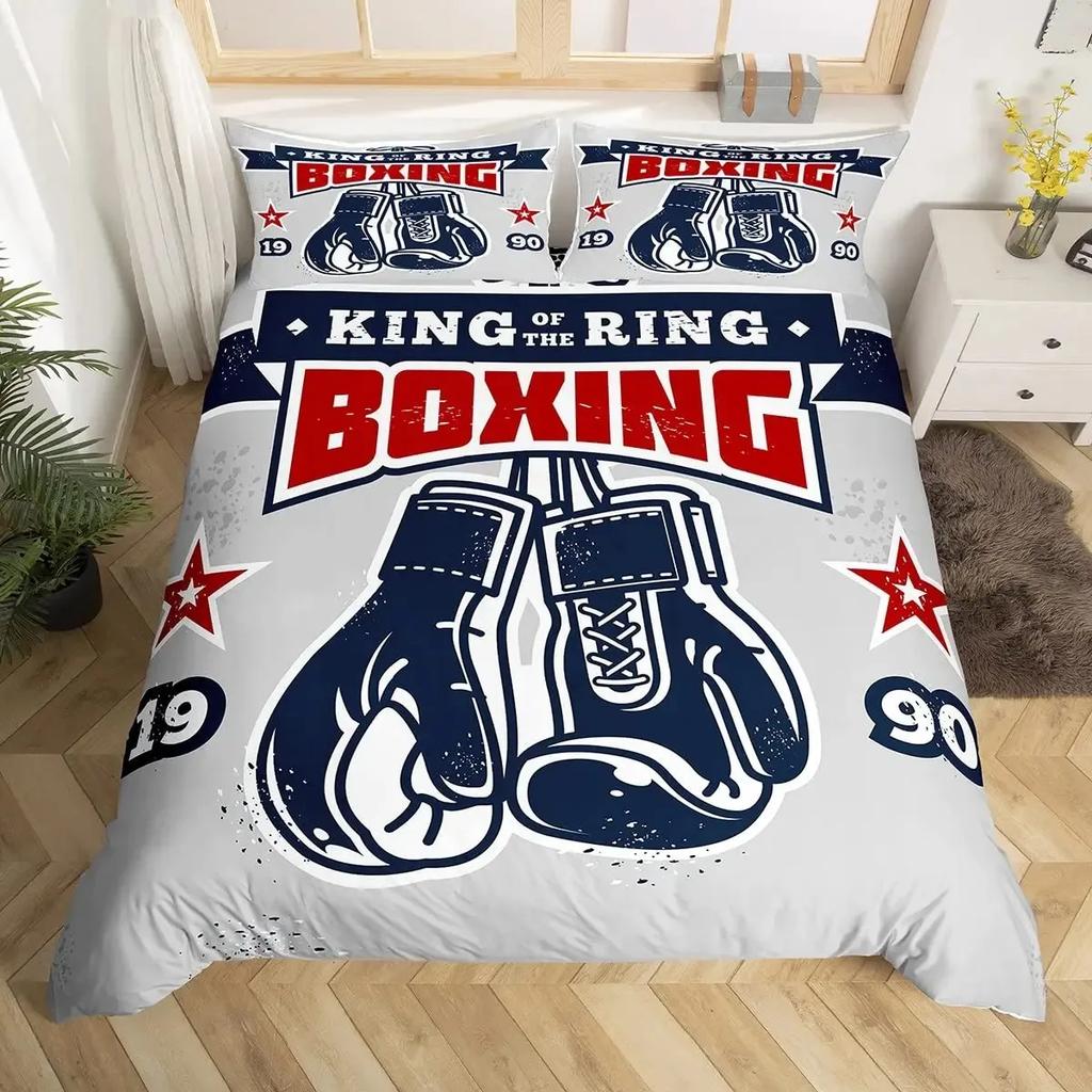 Adult Boxing Duvet Cover Set Queen,Sports Games Theme Bedding Sets Boxing Gloves Quilt Cover,Athlete Silhouette Comforter Cover