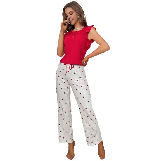 Women's Heart Print Pants Pajama Set Crewneck Ruffle Cap Sleeve And Long Pants 2 Piece Sleepwear Set Soft Lounge Pjs Set