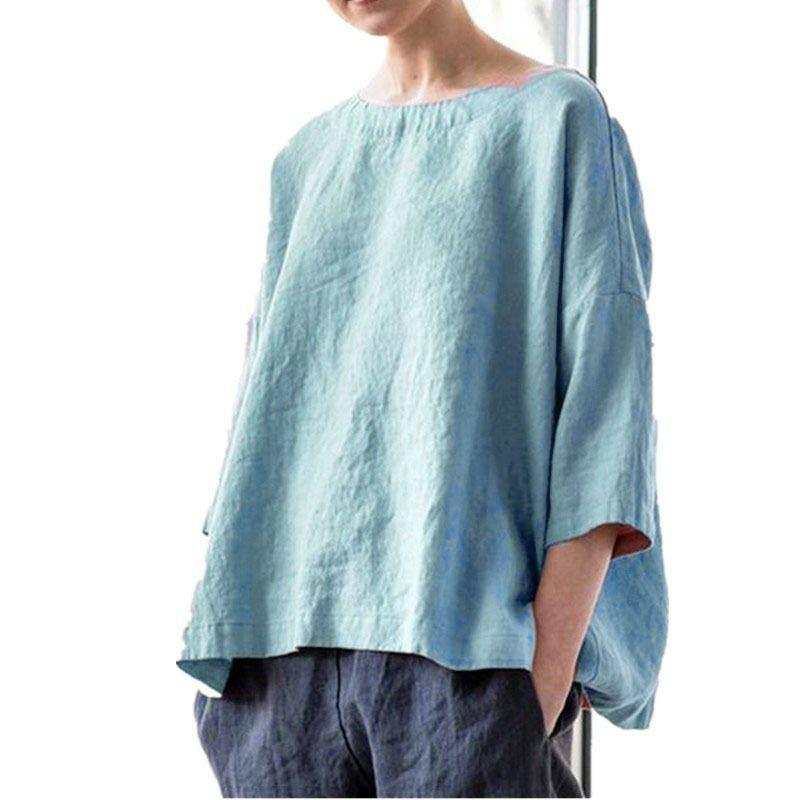 Damen Plus Size Baumwoll-Leinen 3/4 Ärmel Oberteil für Frühling/Sommer