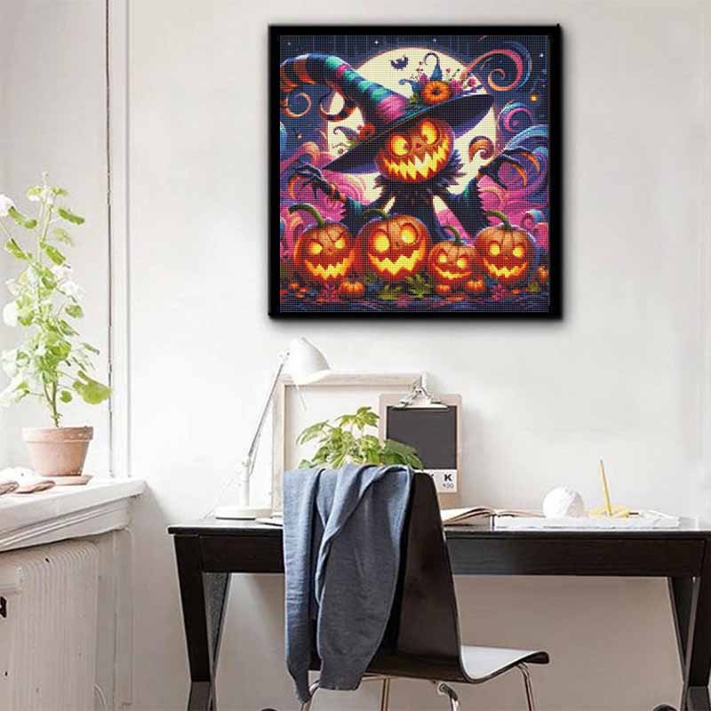 5D Diamond Art Kit Halloween Pumpkin Witch Pattern DIY Full Drill Painting Canvas Relaxing Autumn Seasonal Craft Gift Home Decor