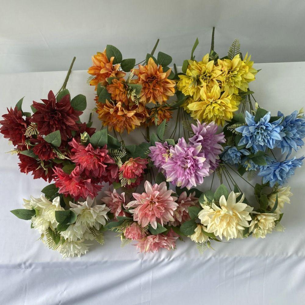 Dahlia Rose Daisy Artificial Flowers Multicolor Silk Petals Simulation Flower DIY Green Leaves Faux Flower Room Decoration