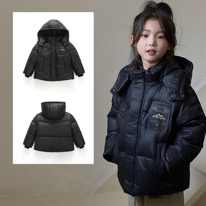 

Зимняя утолщенная пуховая куртка для девочек и мальчиков, детская верхняя одежда с капюшоном, черная, белая, пух белой утки 110 чёрный