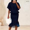 Women Plus Size Two Piece Skirt Set Round Neck Batwing Sleeve Galaxy Printed Ruffle Hem Top Fishtail Skirt