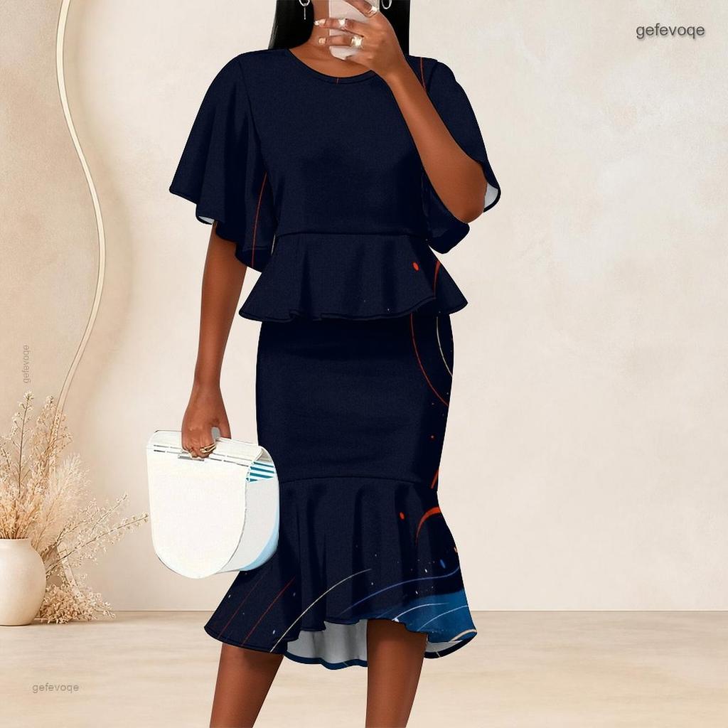 Women Plus Size Two Piece Skirt Set Round Neck Batwing Sleeve Galaxy Printed Ruffle Hem Top Fishtail Skirt