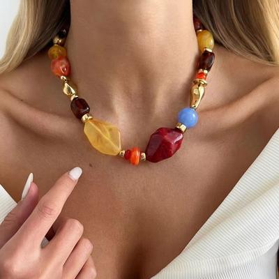 Vintage Multicolor Irregular Resin Beaded Necklace For Women Bohemian Marble Texture Beads Clavicle Choker Daily Party Jewelry