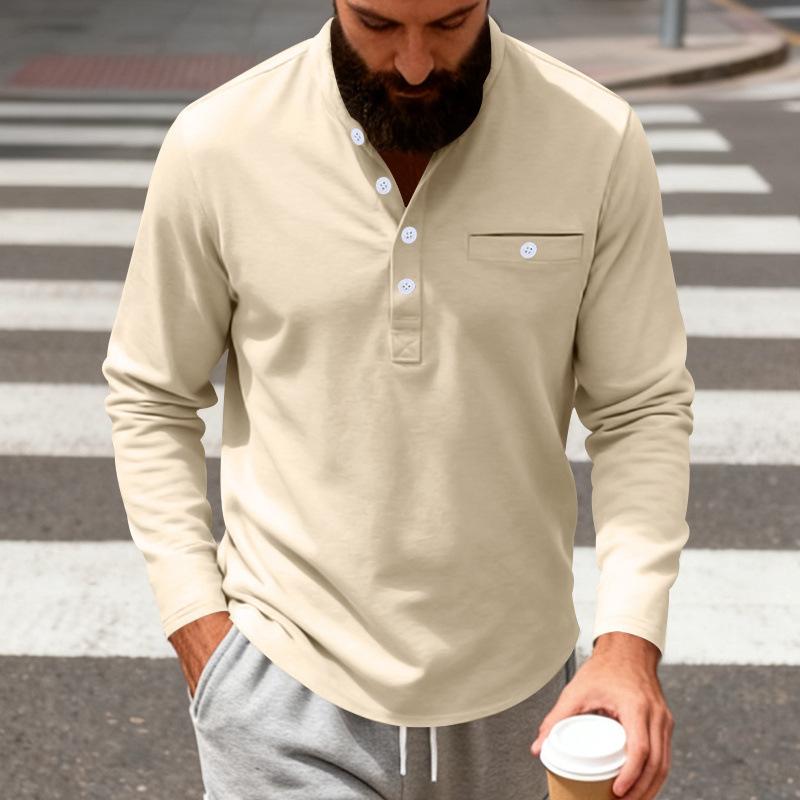 Men Solid Color Long Sleeve Round Neck Button Decor Casual Loose Polo Shirt