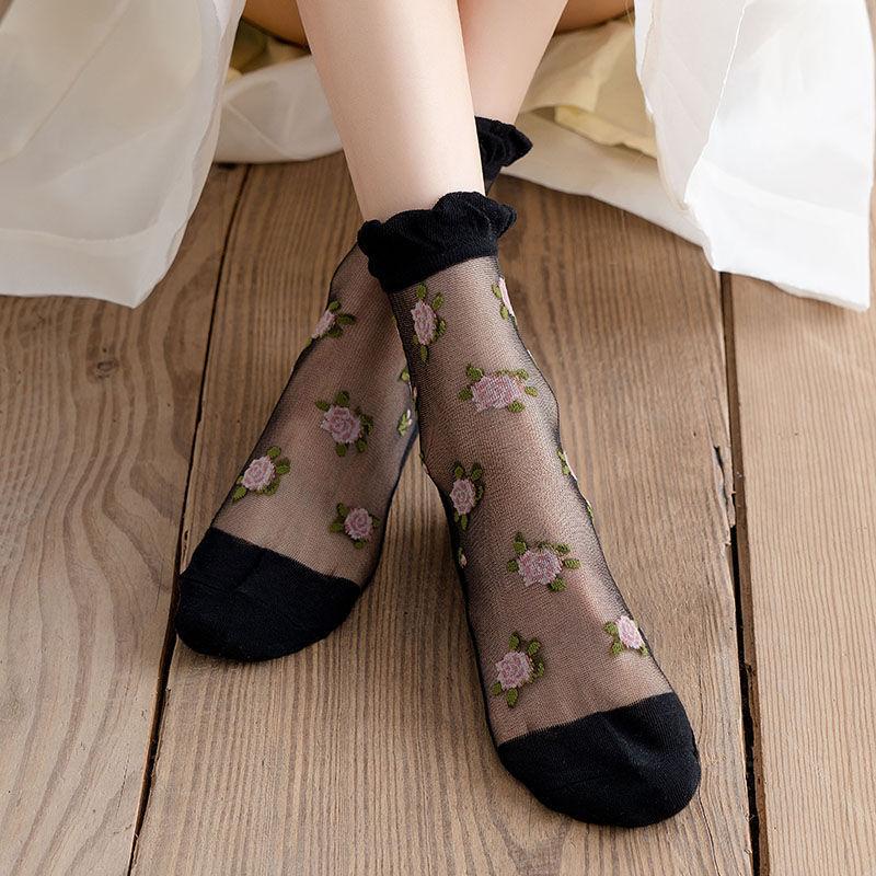 3 Pairs of Summer Socks for Women Thin Rose Style Sexy Black Stockings JK Lolita Lace Socks