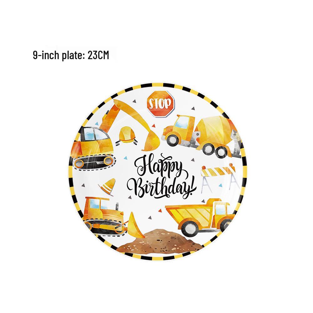 Yellow Excavator Party Set: Plates, Cups, Napkins & Tablecloth for Boys