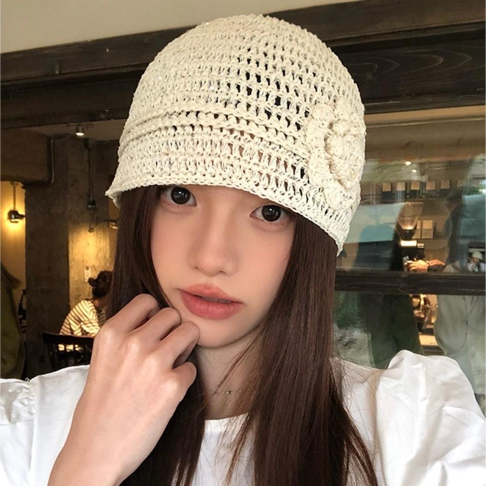 Y2k Flower Knitted Caps Hollow Beanies Cap Casual Sequin Crochet Hat  Streetwear