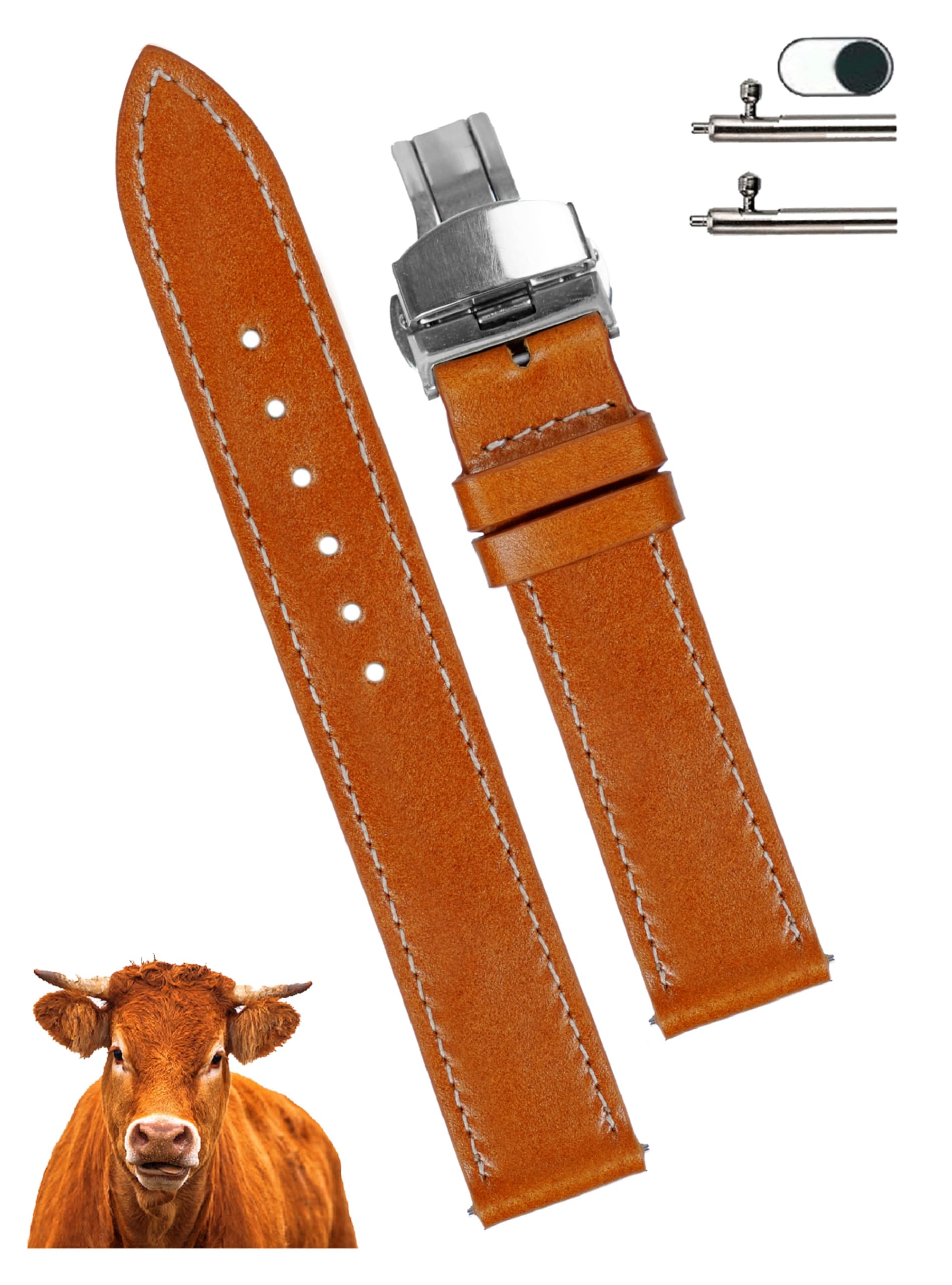 

[vinacreations] Brown 22mm Genuine Cowhide Leather Watch Strap with D-Buckle and Quick-Release Spring Bars - Men s Calf Leather Replacement Watch