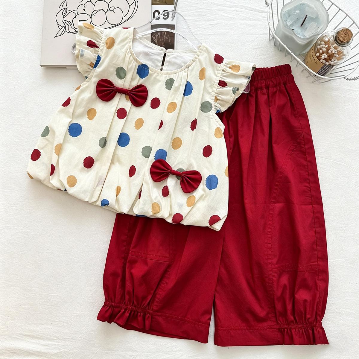 Girls Summer Polka Dot Fly Sleeve Top And Bow Bubble Pants 2 Piece Set Lightweight Cute Outfit For Kids 90cm