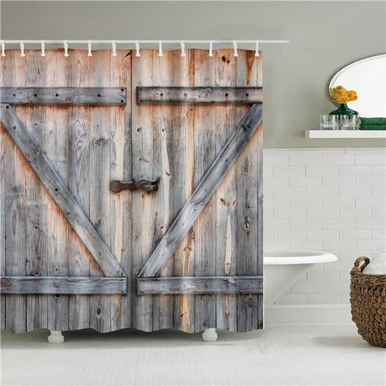 Vintage Style Wooden Door Bathroom Shower Curtains Frabic Waterproof Polyester Bath Curtain With Hooks