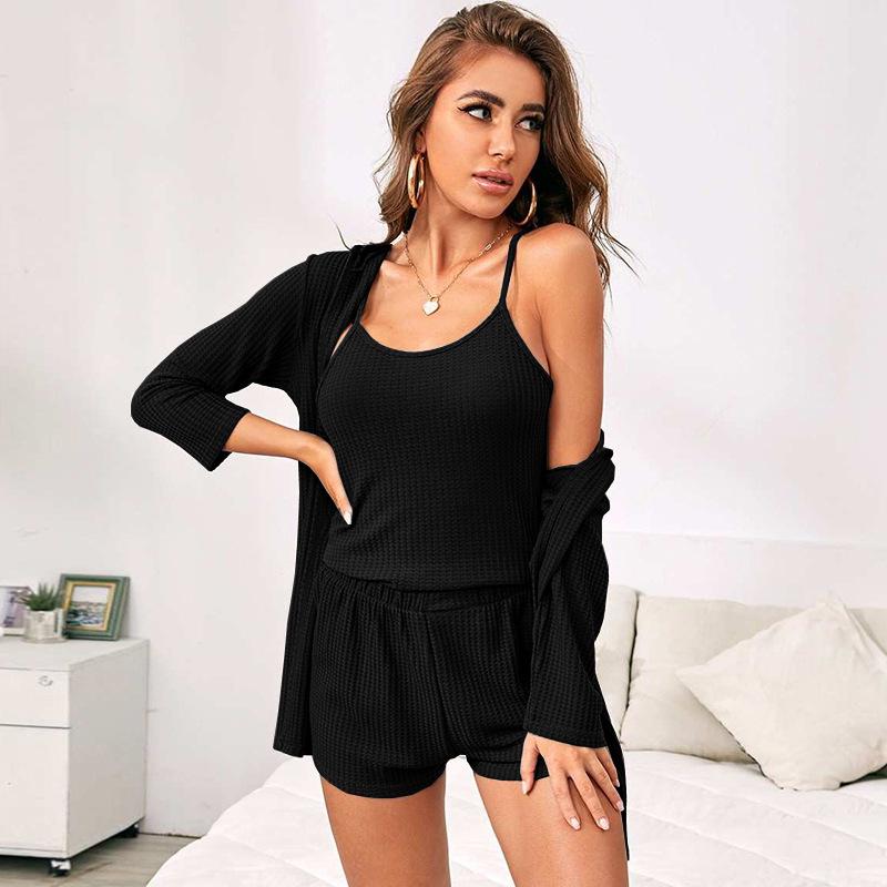 Three-Piece Women's Waffle Knit Lounge Set: Camisole, Shorts, and Outer Robe Pajamas