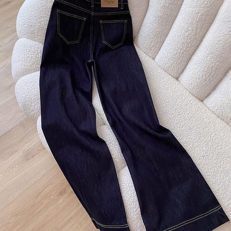 High-waisted Micro-flared Jeans Women's Jeans Summer Thin Dark Blue A-shaped Wide-leg Pants Simple Raw Color Denim Straight‑Leg Pants