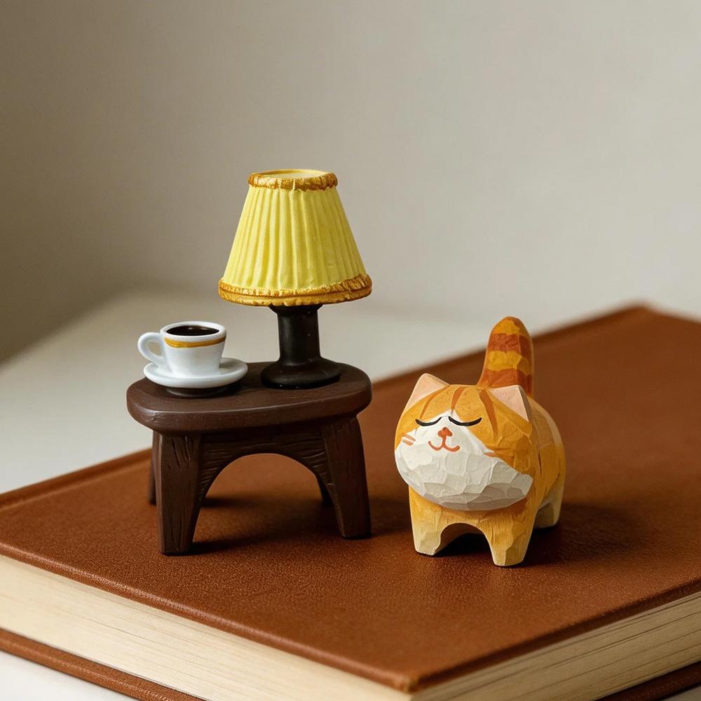 Cute Cat Animals Figurine Decorative Wooden Ornament Miniature Kitten Coffee Home Bedroom Office Desk Decoration Gift Statue