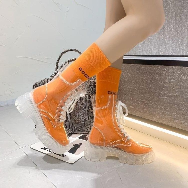 Modische Damen Transparent Plateau Stiefel Klare Ferse Kurzer Stiefel Sexy Dicke Sohle Trendige Persönlichkeit Mittelhohe Knöchel Stiefel