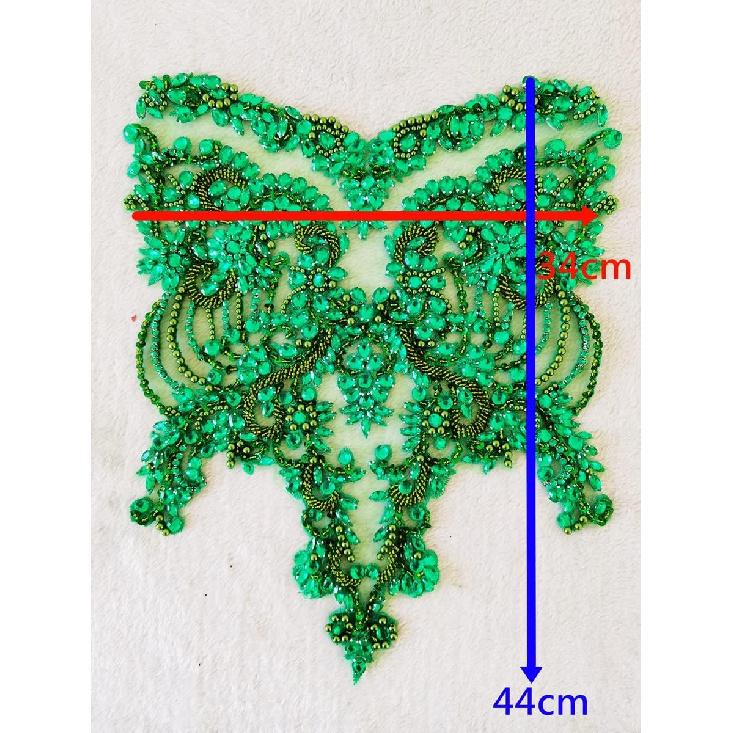Handmade red/Blue/Gold/Green Rhinestones Lace Bodice Applique Sewing Beads Crystal Trim Patches Accessory for Dress Clothes (Light Champagne)