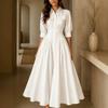 Women Lapel Collar Button Down Midi Dress Puff Sleeve Casual Loose Fit Vintage Elegant Long Dress