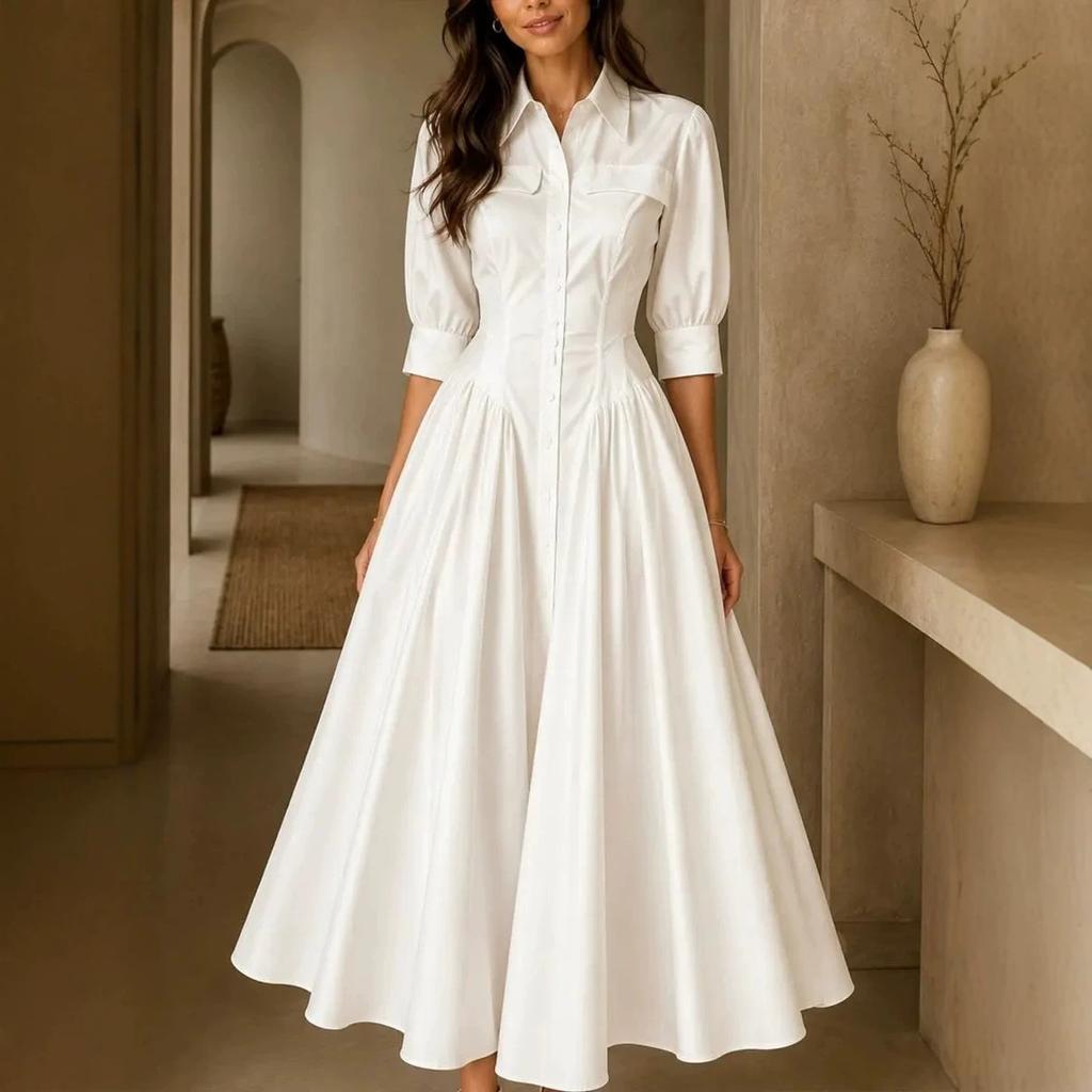Women Lapel Collar Button Down Midi Dress Puff Sleeve Casual Loose Fit Vintage Elegant Long Dress