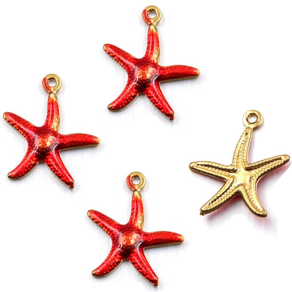 Stainless Steel Gold-Plated Fish & Starfish Enamel Pendant Jewelry Accessory