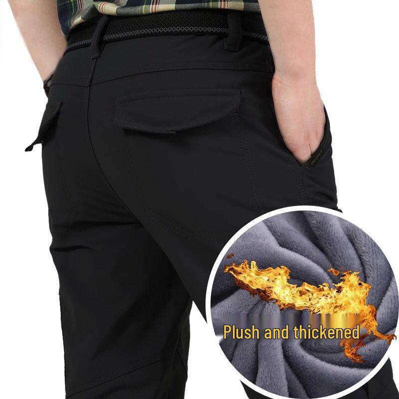 In Stock Men's Quick-Dry Winter Outdoor Multi-Pocket Ski Pants, Plus Velvet Thick Straight-Leg Windproof Long Pants