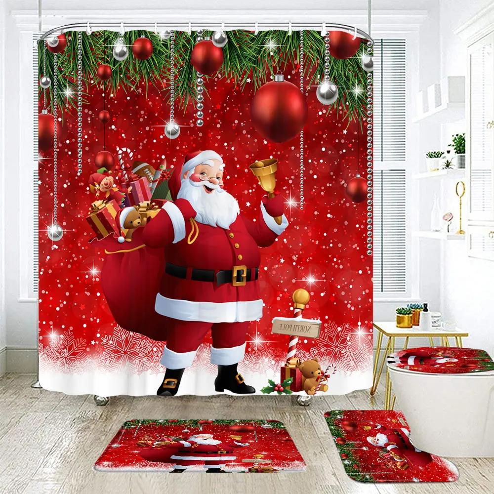 Christmas Elf Shower Curtain Rug Bathroom Set Snowman Fawn Xmas Gift Happy New Year Shower Curtain Set Bathroom Decoration