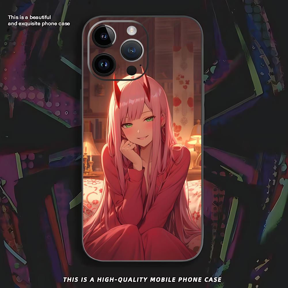 Cute Zero Two Anime Cool Phone Case For iPhone 16 16e 15 14 13 12 11 XS XR Plus Mini Pro Max Soft black Shockproof Cover