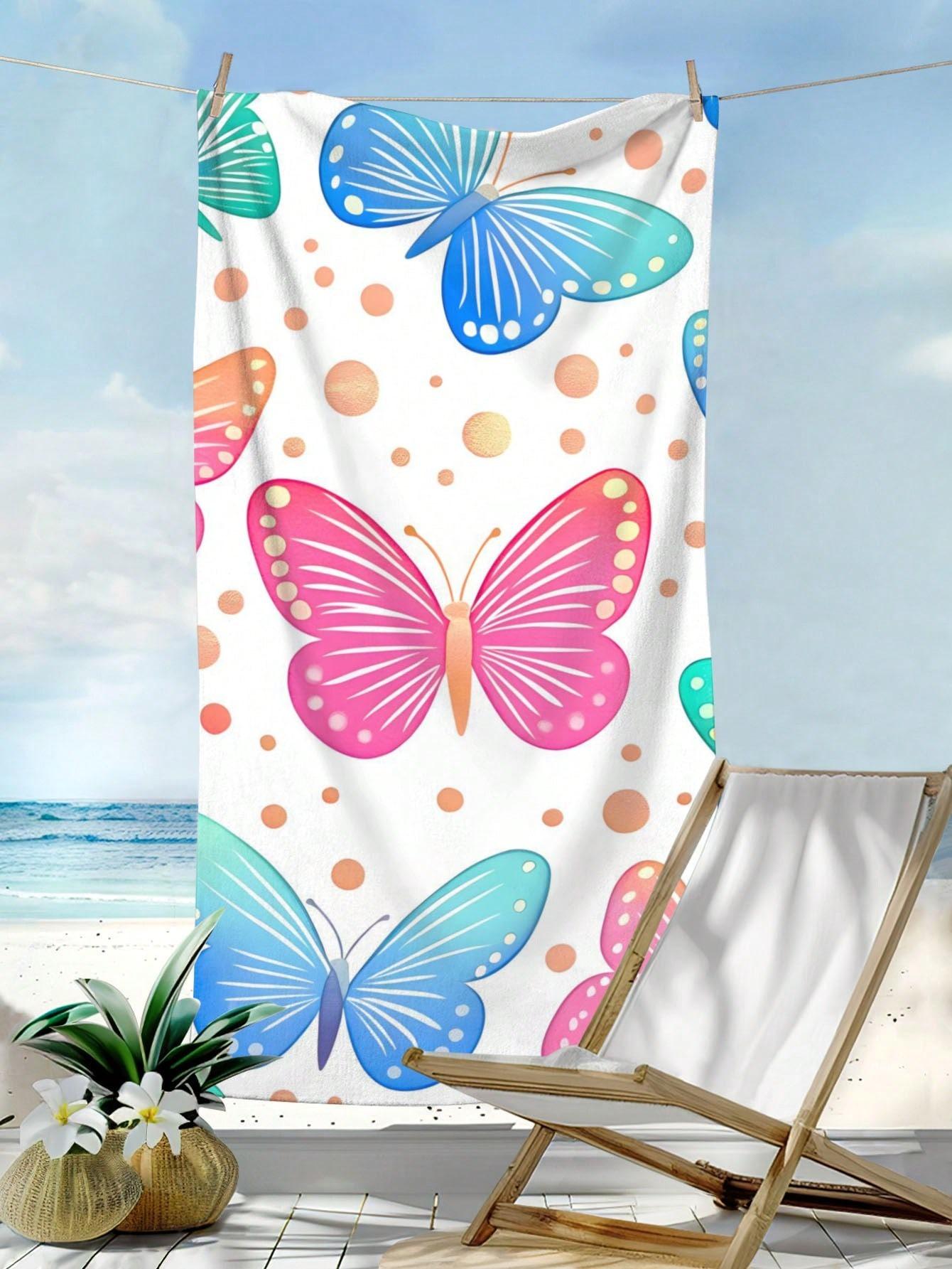 Ka Chen Muda White Insect Butterfly Pattern Printed Beach Towel, Anti Sand Super Absorbent Quick Drying Towel, Essential For Swimming And Diving