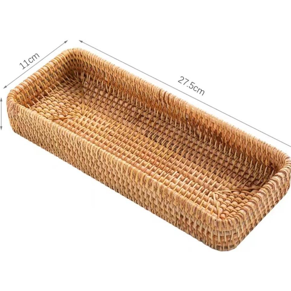 Handwoven Rattan Storage Basket, Wicker Tray Picnic Basket Food Plate Fruit Cake Sundries Box Home Desk Decoration