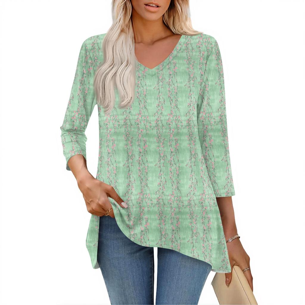 Damskie bluzki z dekoltem w serek i rękawem 3/4, casualowe koszule o średniej długości, modne tuniki z nadrukiem