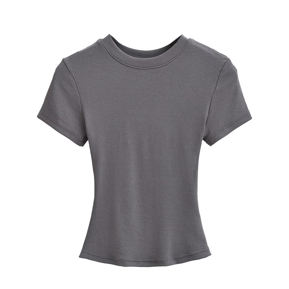 Trendy Women's Ribbed Slim Fit Short Sleeve T-Shirt with Sexy Round Neck and Straight Shoulders.
