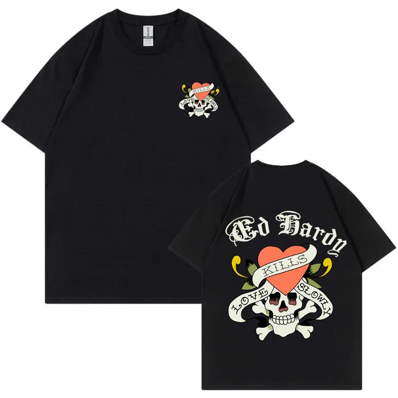 Summer Men Fashion Cotton TShirt Trendy Skull&Hearts Print Tops Male Casual Y2K O-Neck Clothing Women Hip Hop Short Sleeve Top