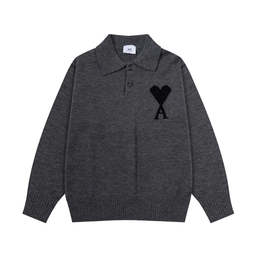 8199 AMI Autumn and Winter White Heart-shaped Jacquard Alpaca Wool Blended Loose Sweater Polo Collar Men Pullover Sweater