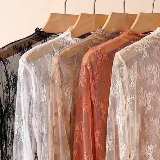 Damen-Unterhemd mit halbhohem Kragen, langen Ärmeln, transparentem Lochmuster-Mesh-Unterhemd, durchsichtigem Pullover-Top für den Alltag