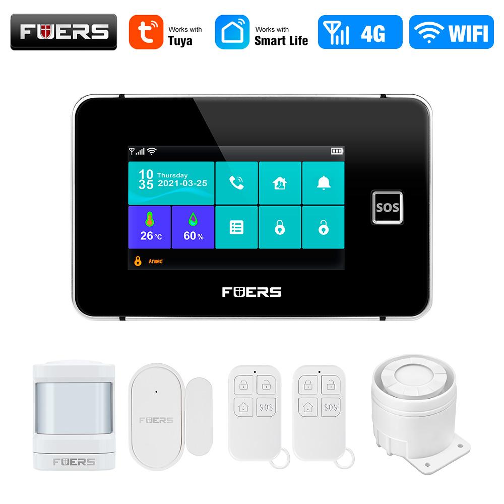 FUERS G64B 4G WiFi Home Security Alarm System Temperature Humidity Display PIR Motion Work with Tuya Smart App 4.3 Inch Screen