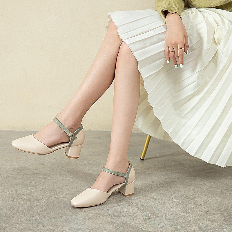 Brand Female Sandals Square Toe Block Heels 5.5cm Buckle Strap Mixed Color Big Size 46 47 48 Office Lady Summer Shoes