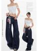 Women's Spliced Double Waistband Curved Leg Jeans - American Design, Loose Fit, Slimming, Wide Leg, for Spring & Autumn 2025
